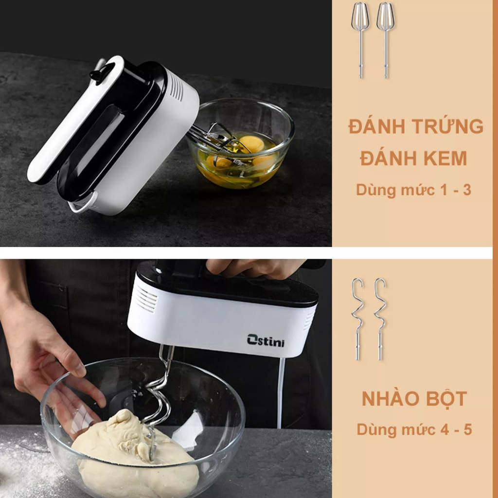 Máy Đánh Trứng Cầm Tay Mini Ostini, Máy Đánh Kem, Nhào Bột, Tạo Bọt 5 Cấp Độ - TẶNG KÈM ĐẾ ĐỂ BÀN VÀ MUỖNG TÁCH TRỨNG