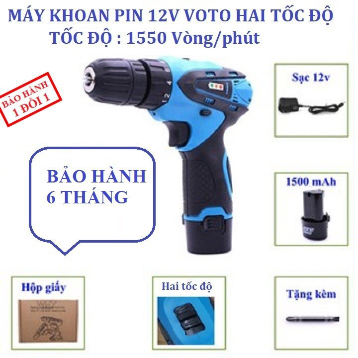 Máy Khoan Pin Không Dây Cầm Tay VOTO 12V, 21V, 21V Có Búa, 21V Model 2019 - 2 Cấp Độ - Hàng Chính Hãng - Bảo Hành 1 Năm