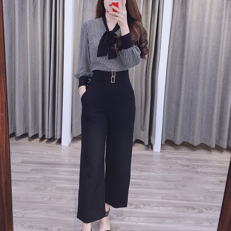 Áo sơ mi nữ Cúc Fashion áo somi dài tay công sở cao cấp vải lụa đẹp cổ nơ kiểu kẻ đen trắng thời trang A622