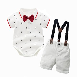 Set yếm công tử áo body nơ đỏ 4 chi tiết cotton dành cho bé trai 0-2 tuổi
