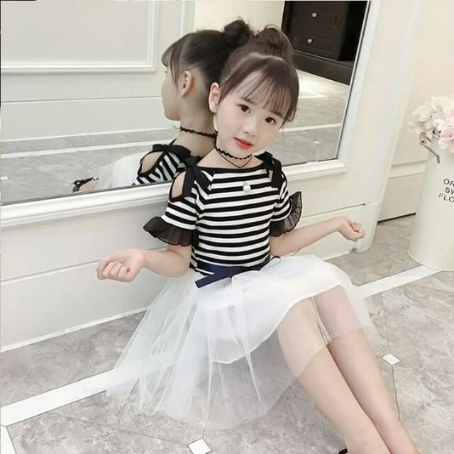 Freeship 99k TQ_Váy kẻ sọc két hợp voan bồng bềnh