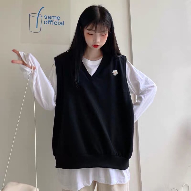 Set áo gile Thêu Hoa Cúc + áo phông tay dài trơn unisex form rộng ulzzang Wind | BigBuy360 - bigbuy360.vn