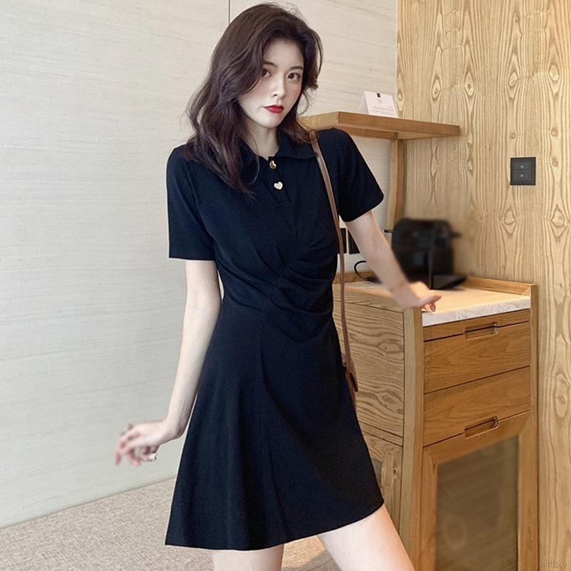 Đầm ôm Ngắn Tay Cổ Bẻ Xếp Ly Thời Trang Hàn