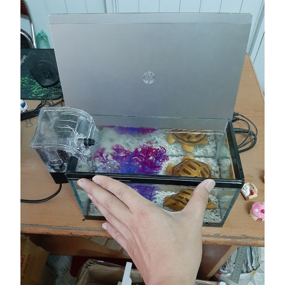 Bể cá mini dài 24 cm với 6 món (bể, sỏi nền, máy lọc, men vi sinh, cây nhựa đế tròn, phụ kiện sứ nhỏ)