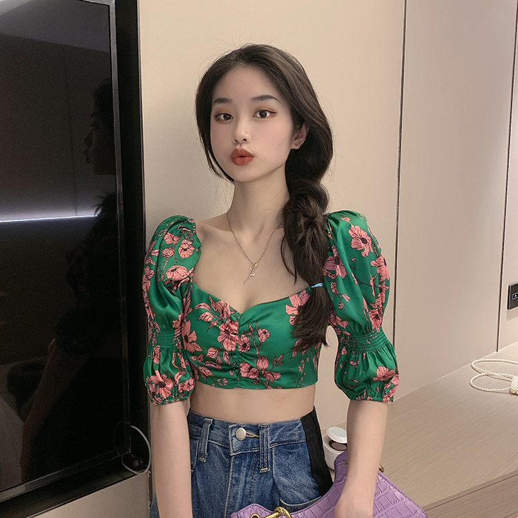 DUNEA Áo kiểu cổ vuông họa tiết hoa phong cách retro gợi cảm thời trang cho nữ