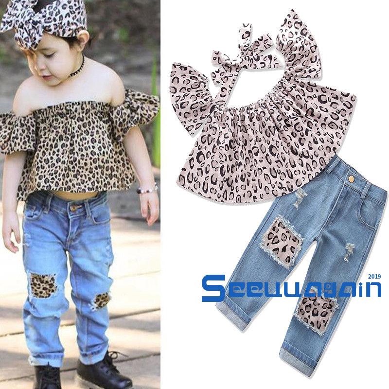 Set Áo Trễ Vai+Quần Jeans Dài+Băng Đô Chấm Bi Cho Bé Gái 2019