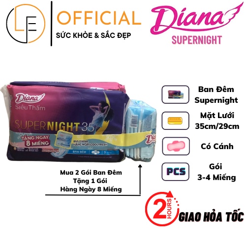 (Tặng 1 Gói HN) Băng Vệ Sinh Siêu Thấm Diana Super Night Ban Đêm 29cm/35cm