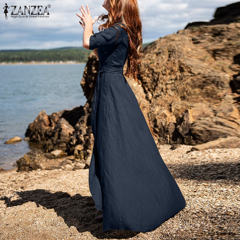 Đầm maxi ZANZEA dài tay cổ chữ v màu trơn thời trang cho nữ