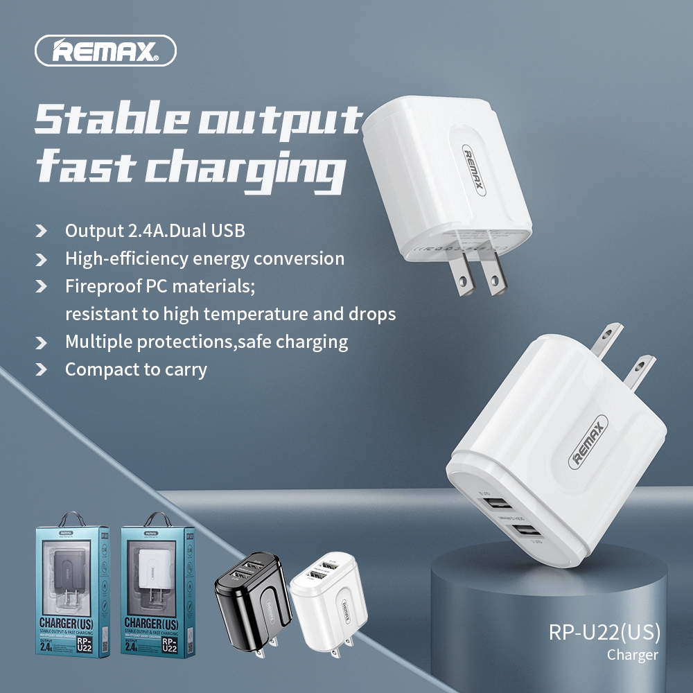 Remax USB 2 Port Charger Plug with UK AU US Indian Plug 2.4A Charging Adapter