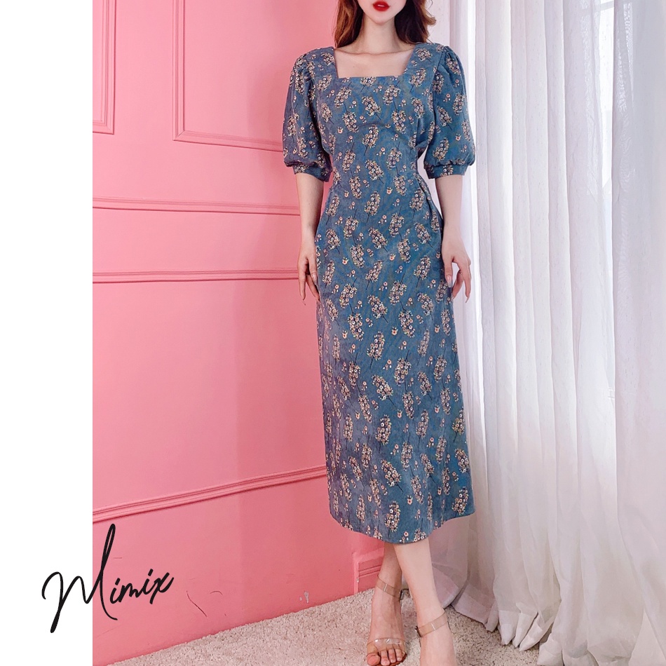 Đầm hoa nhí nhung tăm cổ vuông MIMIX BN6185