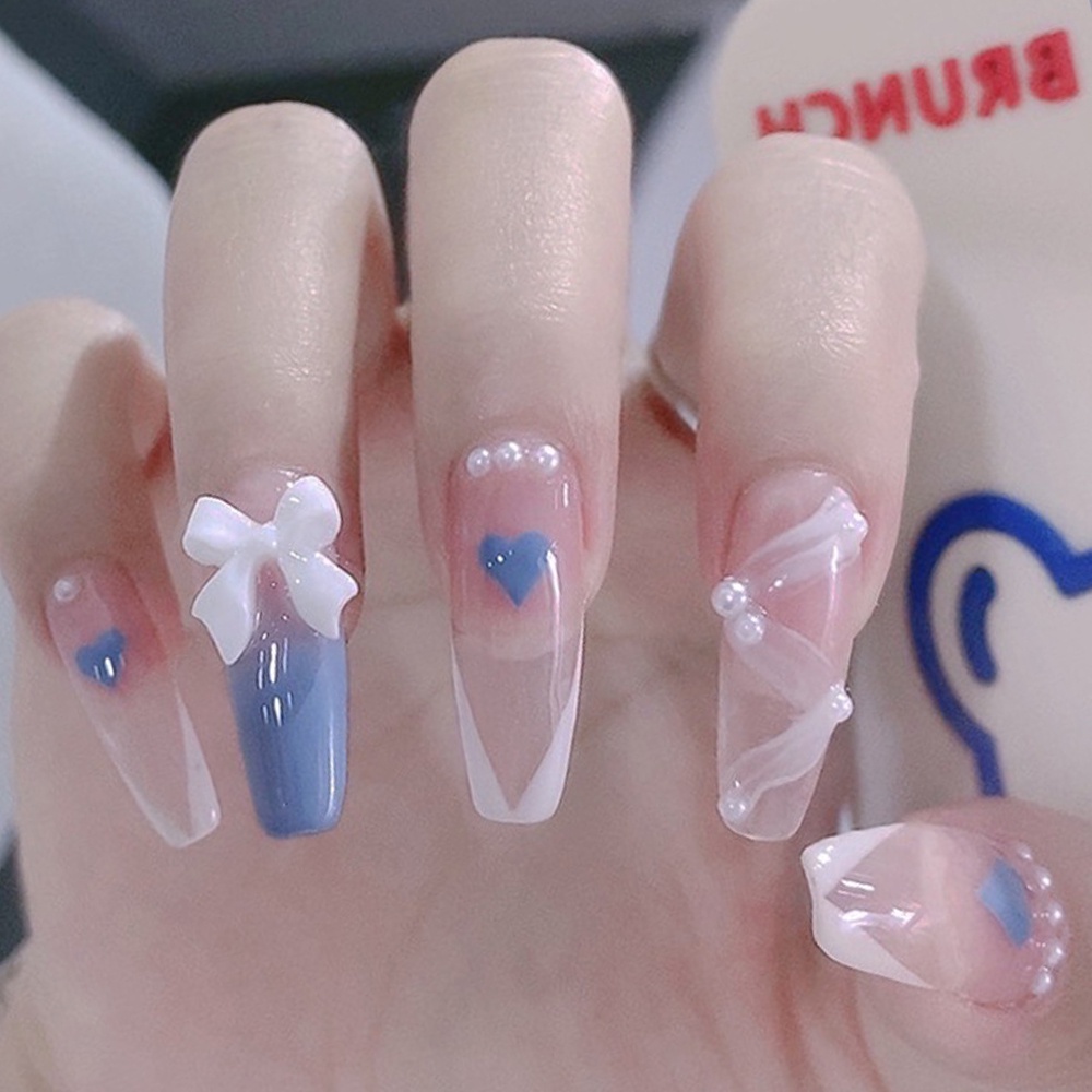 Set 24 móng tay giả dáng ngắn trang trí nơ và trái tim xinh xắn dành cho nữ 2447