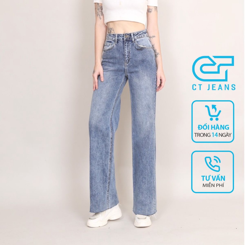 Quần jean nữ ống rộng cạp cao lưng cao co giãn xanh đá gấu tự do CT JEANS