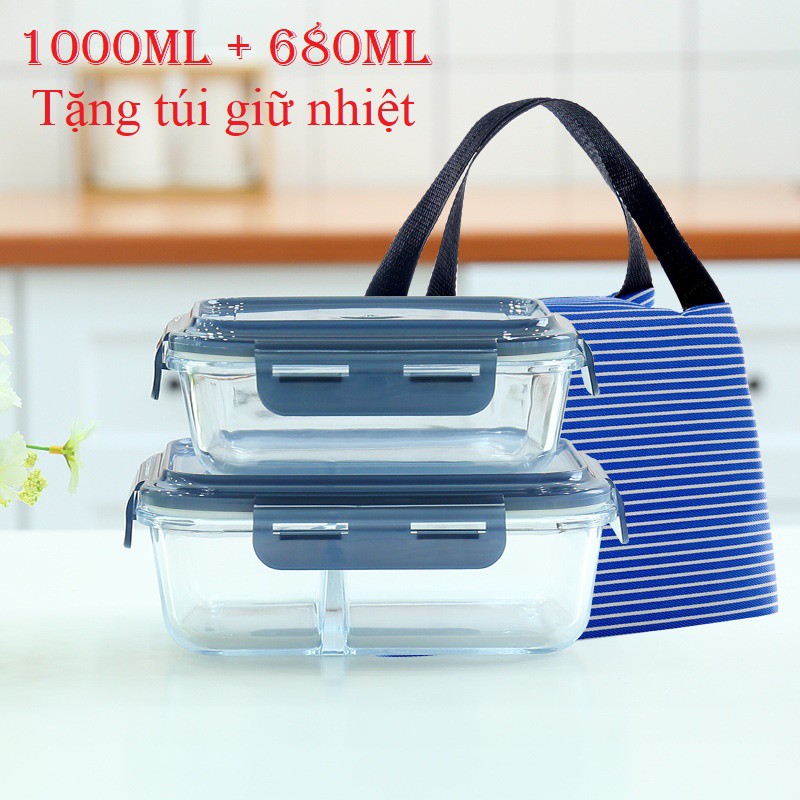 Combo hộp cơm thủy tinh 2 ngăn + 1 hộp thủy tinh 1 ngăn + túi đựng