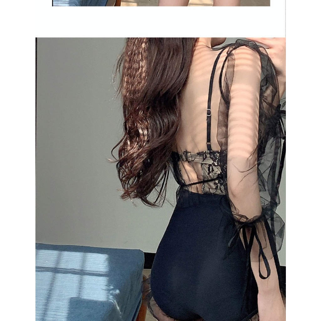 Bộ Đồ Bơi 2 Mảnh Lưng Cao Tay Dài Phối Ren Màu Đen Quyến Rũ Cho Nữbikini đi biển