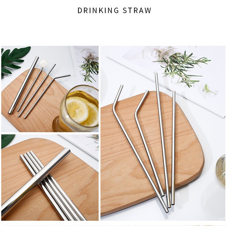 Combo 2 Ống hút inox thẳng 2 ống cong dài kèm cọ rửa Stainless Steel Straws - Thân Thiện Với Môi Trường - Dài 26.5 cm