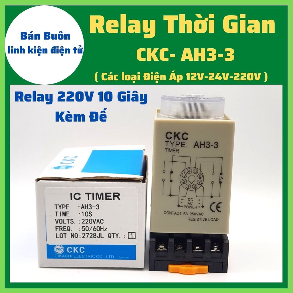 Rơ le thời gian CKC tặng kèm đế, role thời gian CKC AH3/ 3, relay thời gian,timer CKC AH3-3