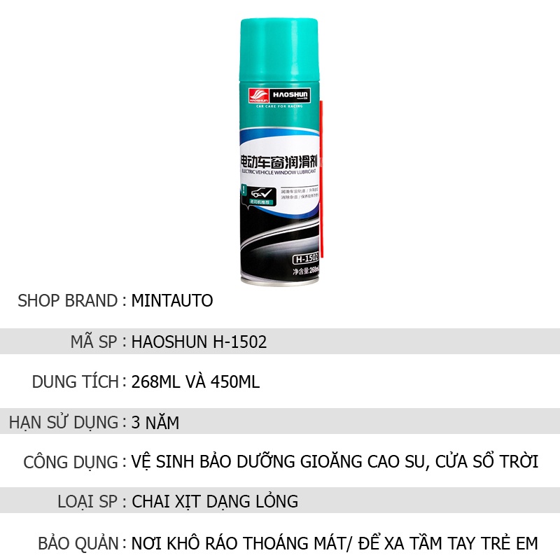 Chai xịt vệ sinh bảo dưỡng gioăng cao su Electric Vehicle Window Lubricant Haoshun H-1502 dung tích 268ml