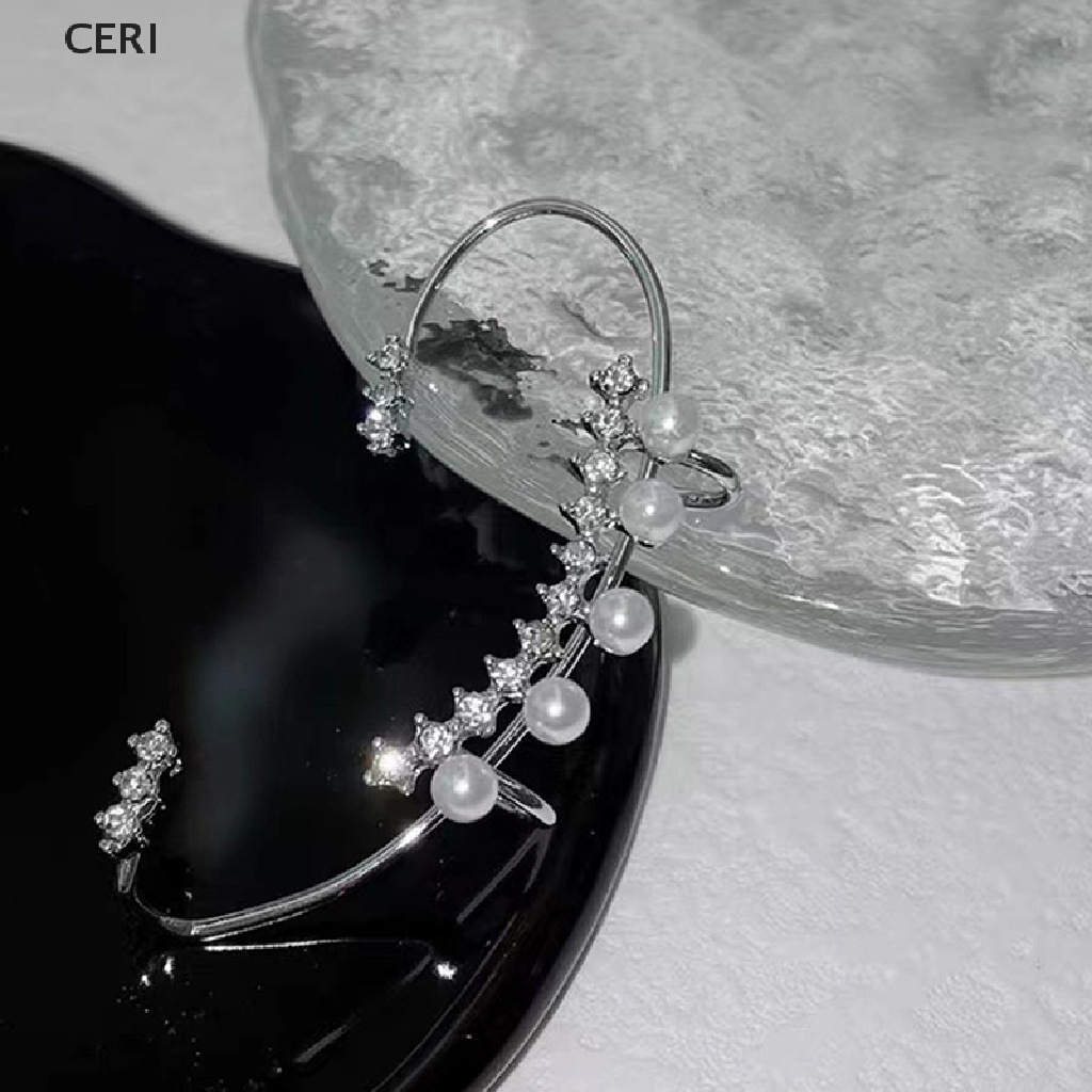 Bông tai kẹp ngọc trai zircon sáng bóng kim loại màu bạc thời trang cho nữ