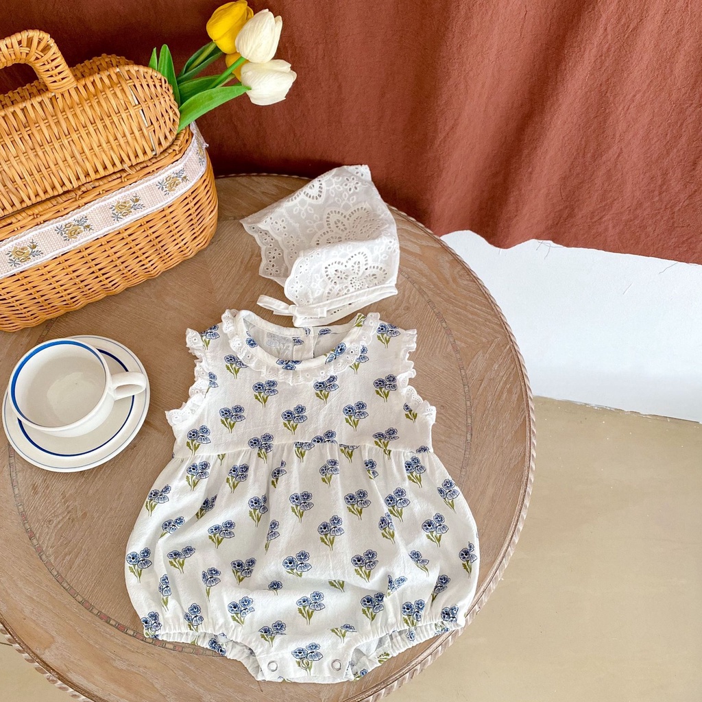 Bộ Áo Liền Quần Sát Nách Vải cotton Phối Ren Hoa Dễ Thương Cho Bé Gái
