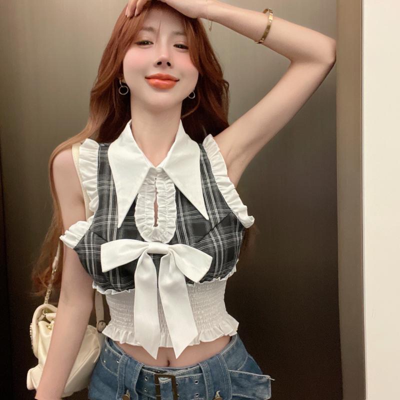 Áo Kiểu Không Tay Phối Nơ Họa Tiết Sọc Caro Quyến Rũ Thời Trang
