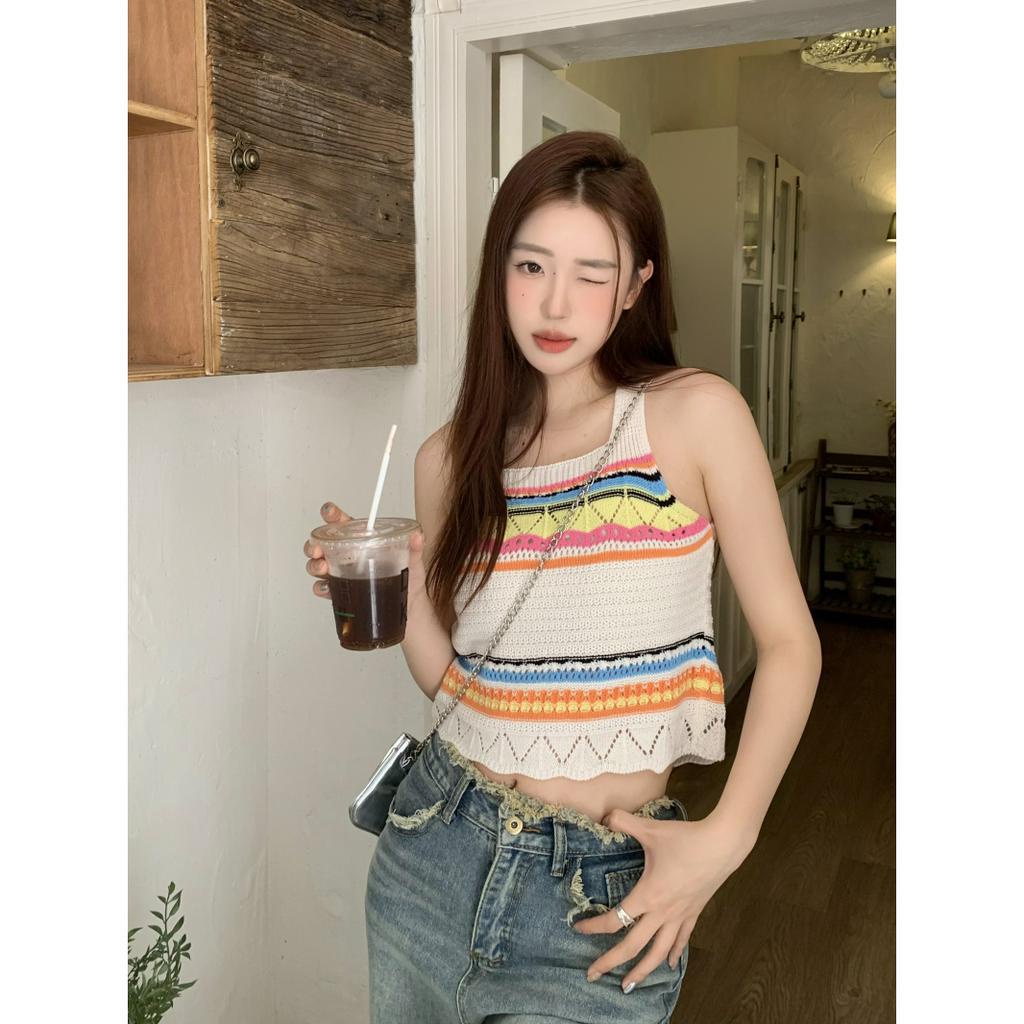 qkoole   Áo Hai Dây Dệt Kim Họa Tiết Kẻ Sọc Rỗng Kiểu Dân Tộc Thời Trang Xuân Hè