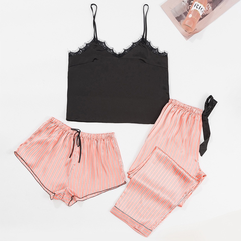 Bộ đồ ngủ hai dây + quần short dáng rộng thoải mái họa tiết kẻ sọc hàng mới dành cho bạn nữ 2021