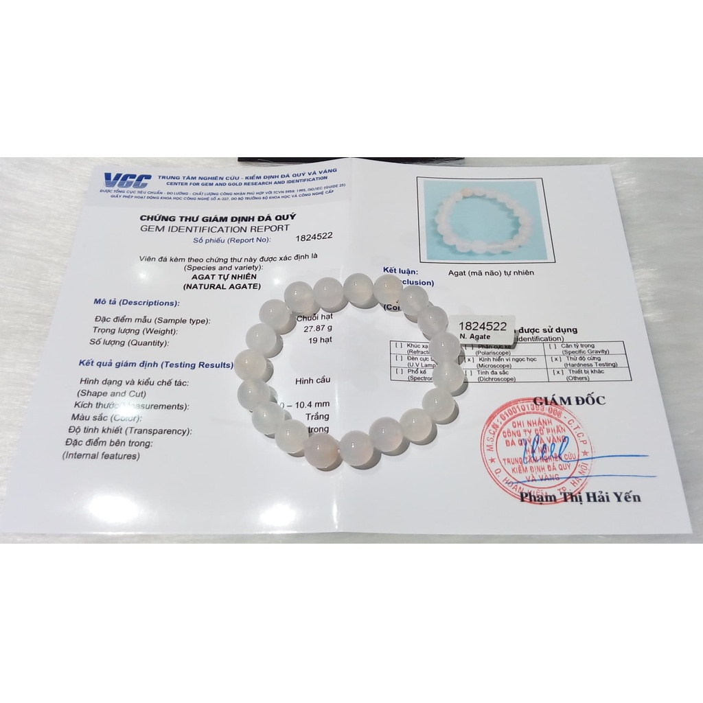 Vòng tay mã não trắng tự nhiên 8 ly - Vòng tay phong thuỷ có kèm giấy kiểm định