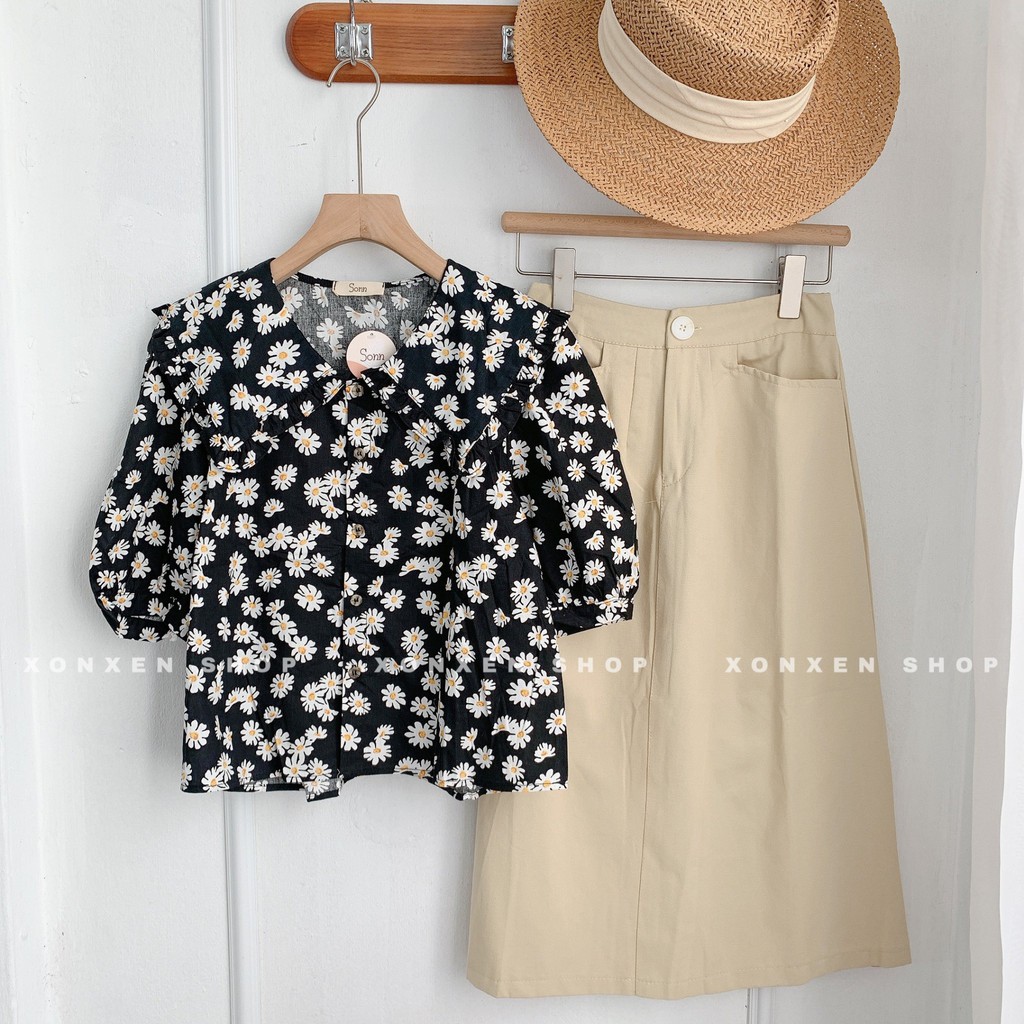 ÁO SƠ MI CỔ BÈO áo sơ mi hoa nhí tiểu thư đáng yêu Xonxen Shop freesize mã 74