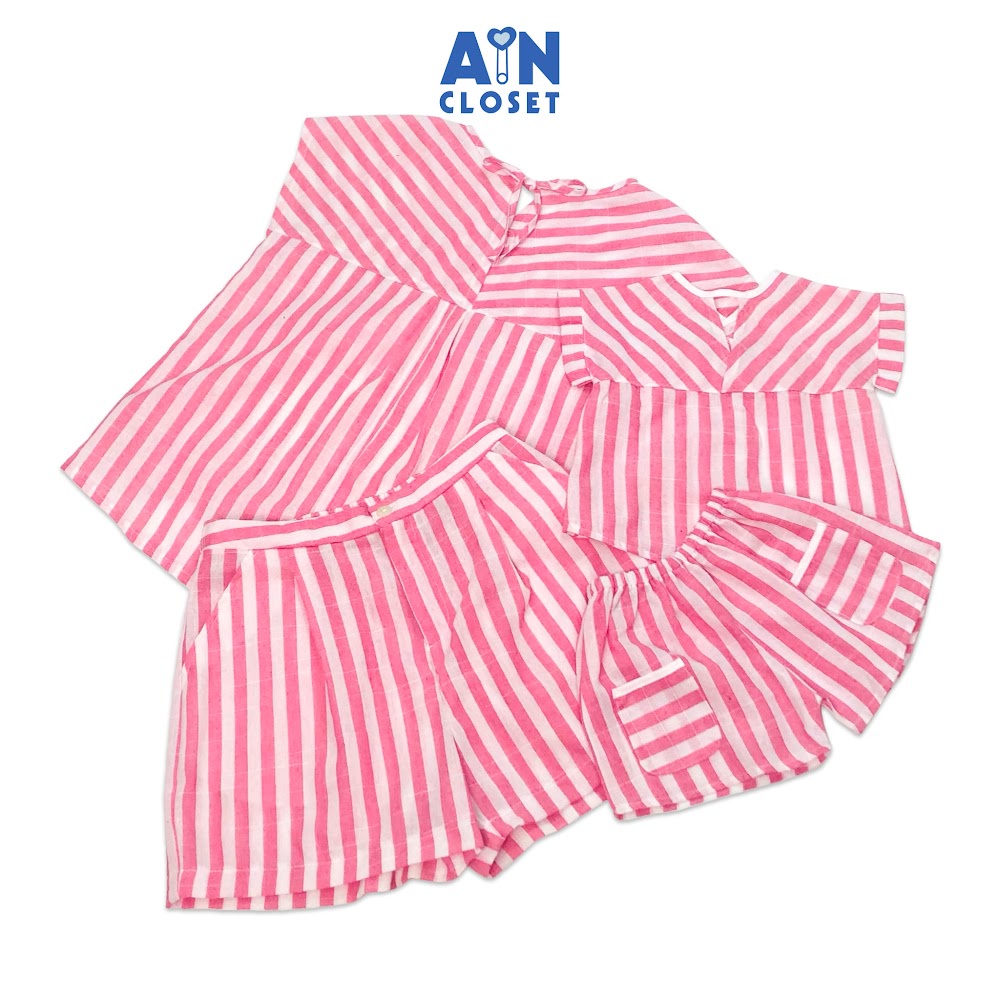 Bộ quần áo ngắn cho mẹ họa tiết Kẻ hồng trắng linen cotton - AICDMEE2ZVSH - AIN Closet