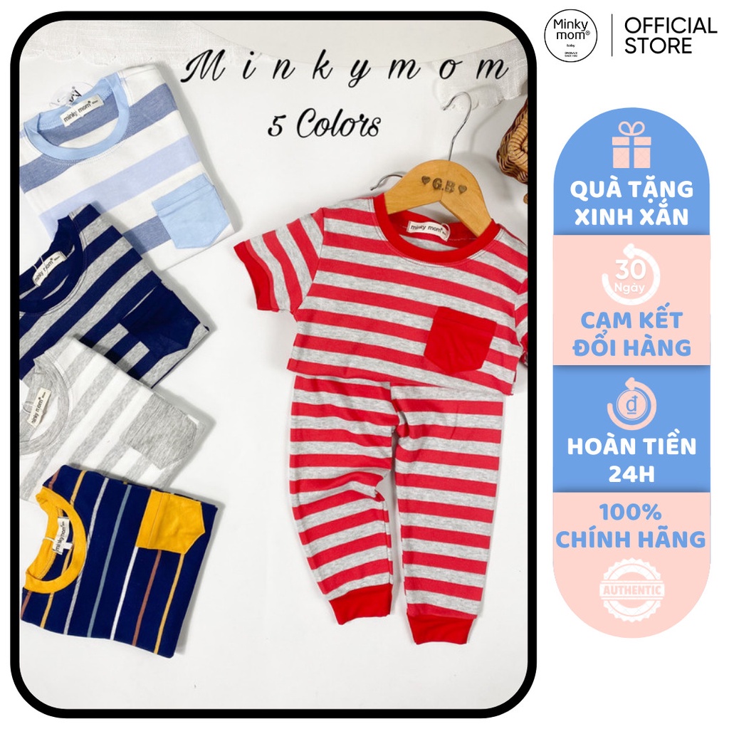 [SALE] Bộ Dài Tay Cho Bé Trai, Bé Gái Minky Mom Vải Sọc Dệt Túi Ngực Viền Cổ, Đồ Bộ Cho Bé Mặc Thu Đông MKMTD2176