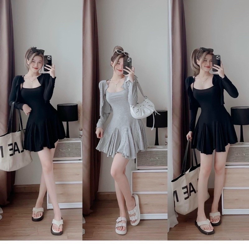Set váy hai dây đuôi cá mix áo khoác cardigan dày dặn mùa thu