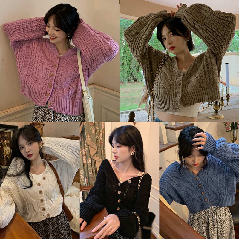 Áo khoác cardigan dệt kim tay dài cổ chữ V dáng rộng màu sắc đơn giản phong cách Hàn Quốc cho nữ