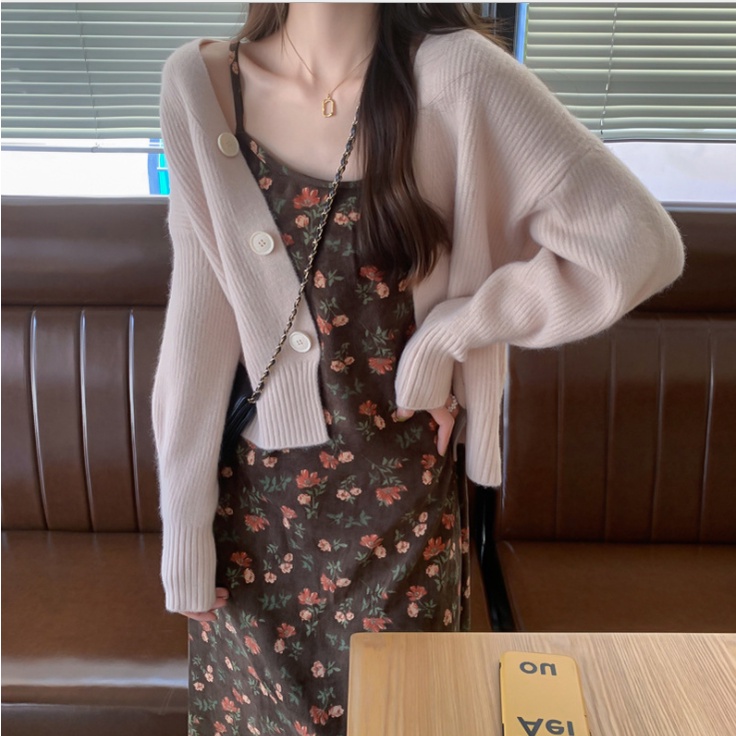 Váy hoa nhí nâu  hai dây nhung tăm phong cách trẻ trung nhẹ nhàng cô nàng tiểu thư