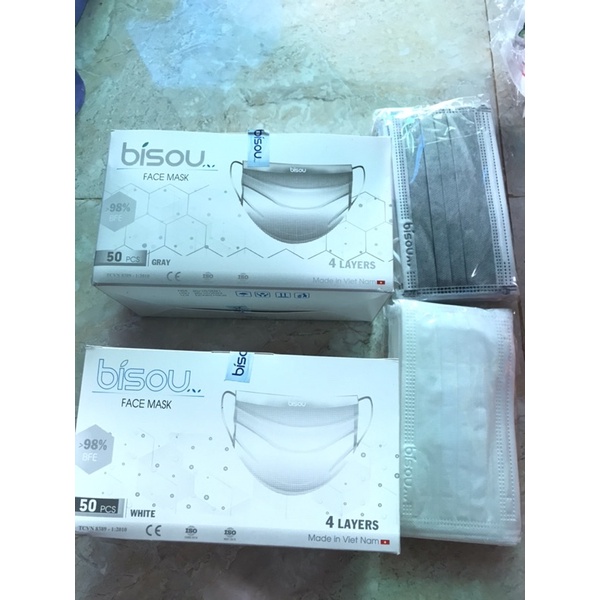 Hộp 50 cái khẩu trang y tế 4 lớp Bisou hai màu trắng xám loại xịn dày dặn