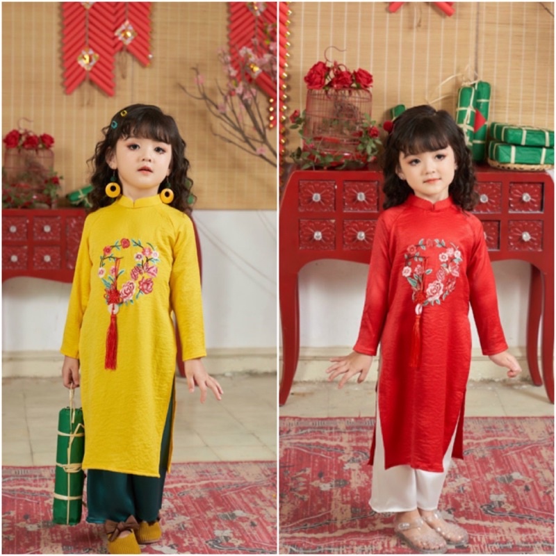Áo dài bé gái chất lụa thêu hoa 8-33kg