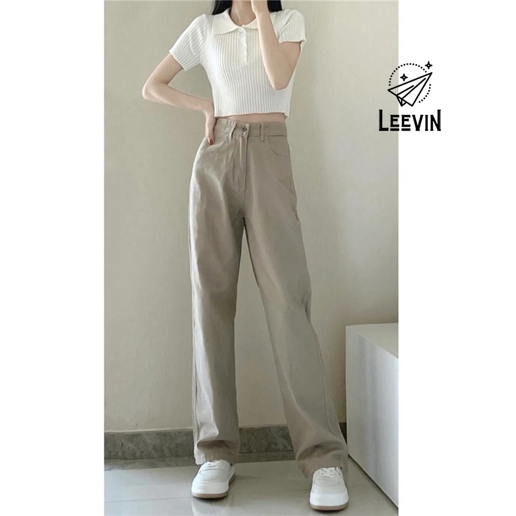 Quần Jean Ống Rộng Màu Be Lưng Cao Ulzzang - Kiểu quần bò nữ ống rộng baggy jeans cạp cao Leevin Store