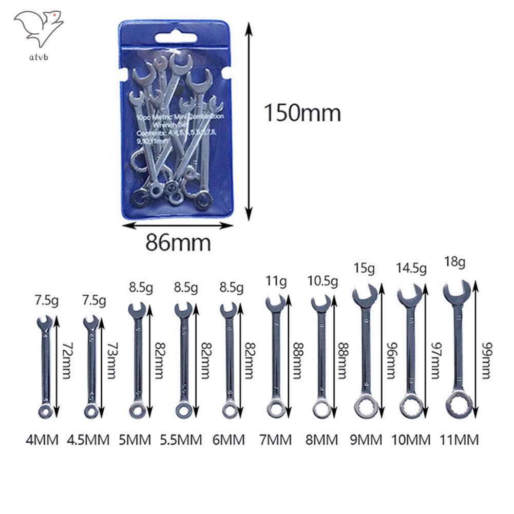 Set 10 Cờ Lê Mini 4-11mm 4-11mm Bằng Thép Chuyên Nghiệp