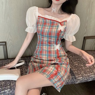 Đầm nữ tay ngắn cổ vuông họa tiết caro phong cách retro