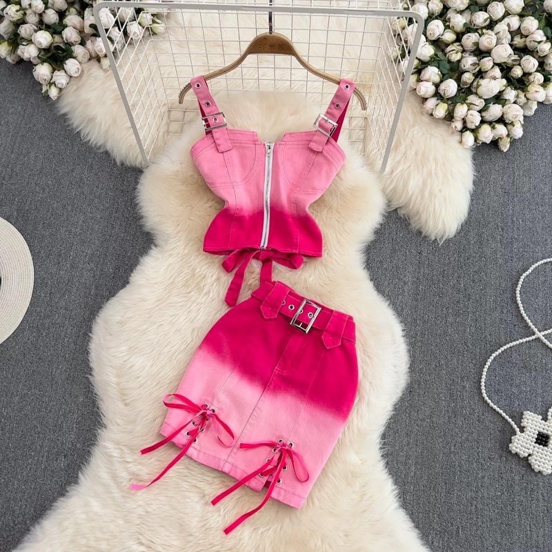 Set áo chân váy jean màu omber quá đỉnh