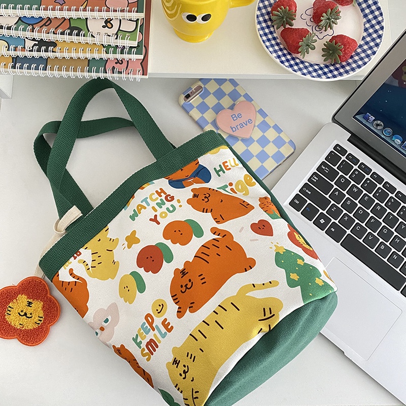 Túi Vải canvas In Họa Tiết Hoạt Hình Dễ Thương Dùng Đựng Cơm Trưa Tiện Dụng