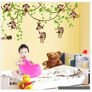 Hình dán tường Khỉ con đu dây trang trí phòng cho bé - decal có keo sẵn dễ dàng bóc dán tại nhà