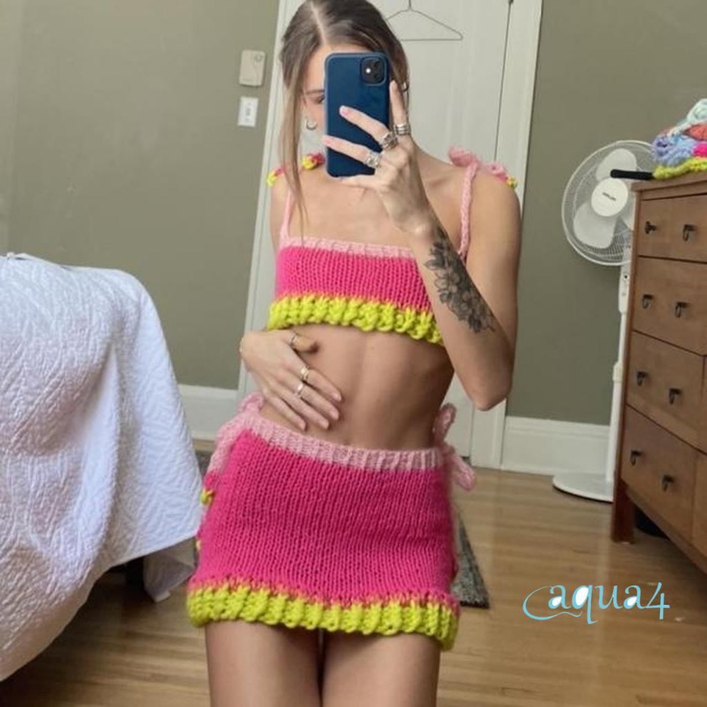 Bộ Áo Croptop Dệt Kim + Chân Váy Mini Hai Dây In Khối Màu Sắc Ngọt Ngào Thời Trang Mùa Hè Cho Nữ Y2K E-Girl 90s