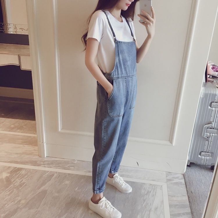 Bộ Áo Liền Quần Denim Dáng Rộng Phong Cách Hàn Quốc Dễ Thương Thời Trang Xuân Thu Cho Nữ 2022