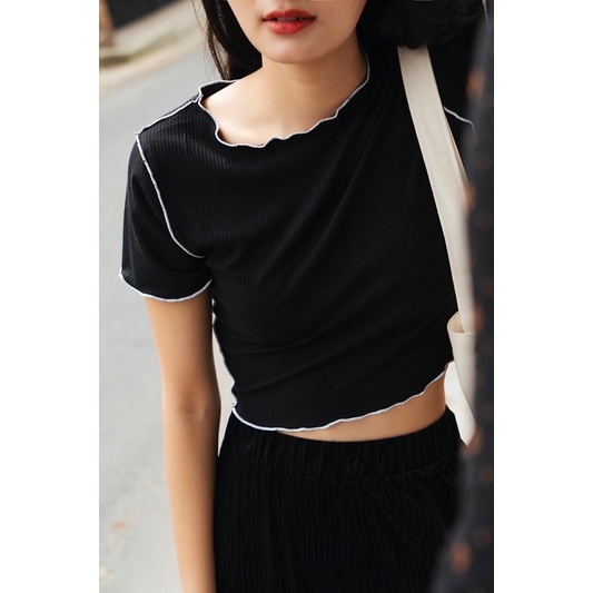 LIBE - Áo Thun Croptop Đen Chỉ Trắng - Size S