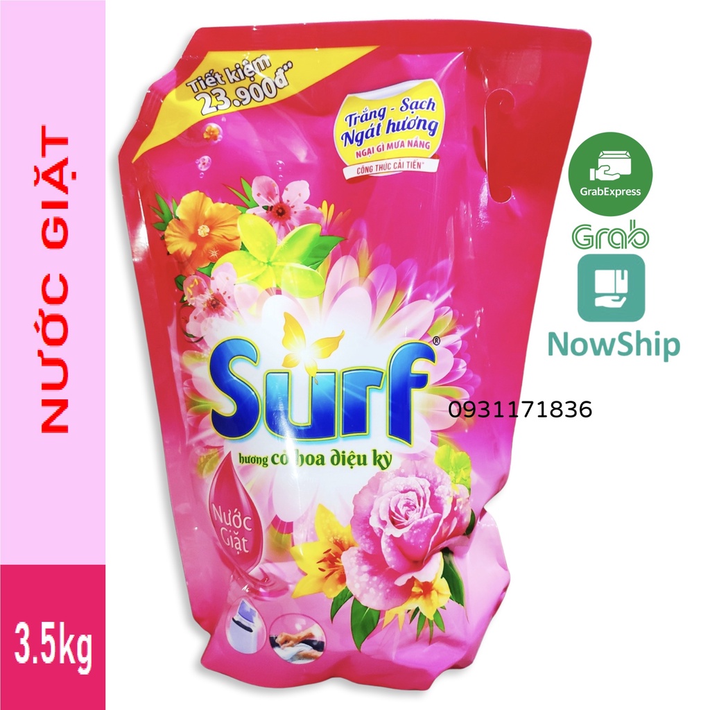 SURF Túi Nước Giặt 3.5kg 3.5 kg Hồng Cỏ Hoa diệu Kỳ có nắp vặn