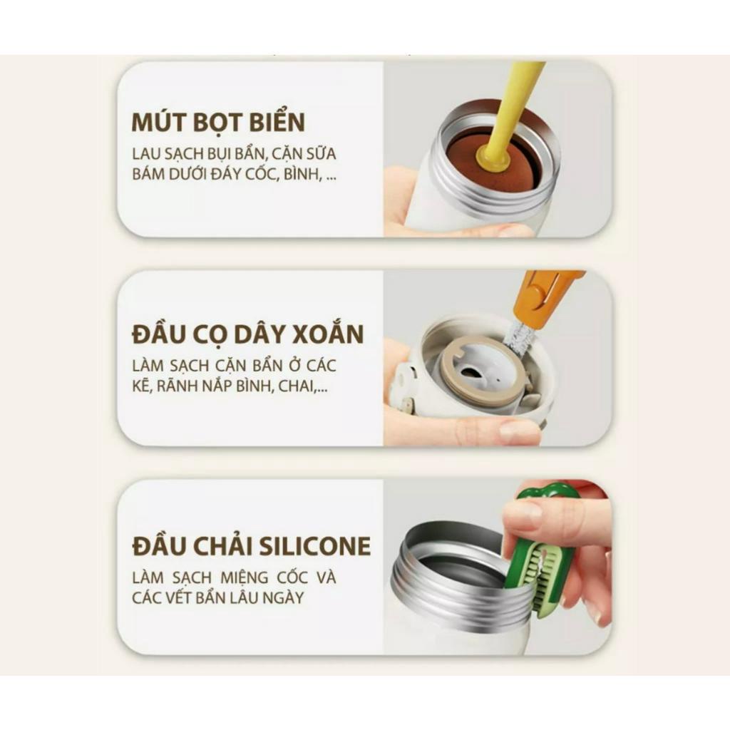 Bộ cọ rửa bình sữa múp xốp 3 trong 1 đa năng, nhỏ gọn, tiện lợi