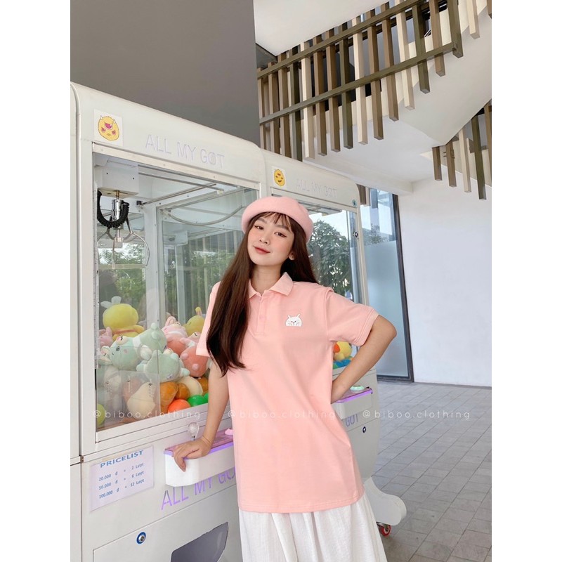 BIBOO - Áo polo có cổ tay ngắn form unisex nam nữ THỎ HỒNG chất liệu cotton cao cấp