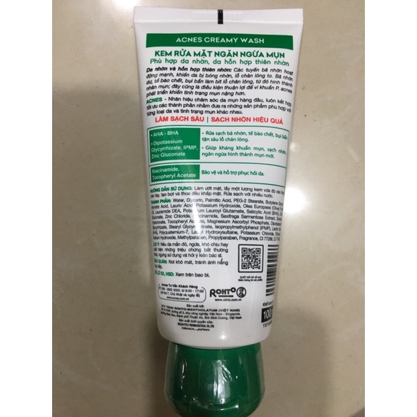 kem rửa mặt ngăn ngừa mụn acnes creamy wash aha bha zinc phù hợp da nhờn, da hỗn hợp thiên nhờn 100g rohto
