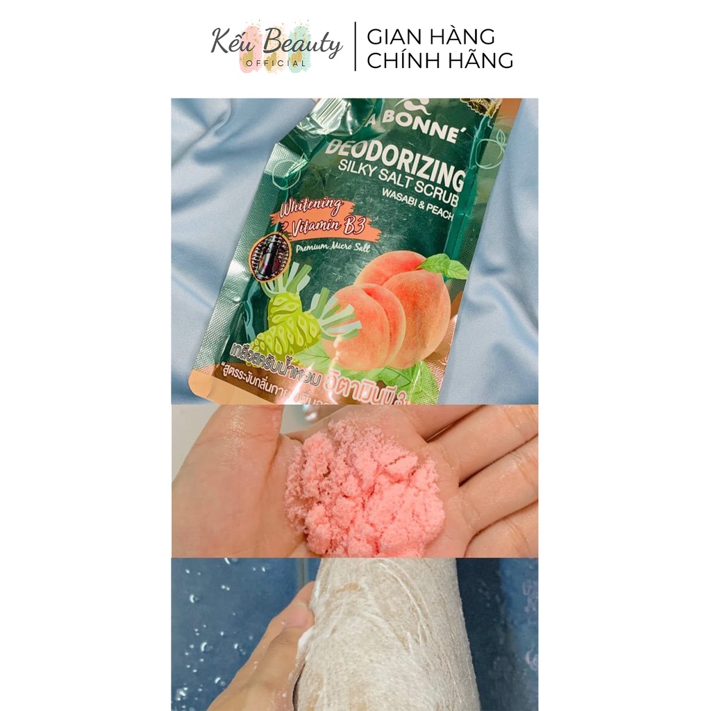 Muối tắm tẩy da chết khử mùi A Bonne Deodorizing Silky Salt Scrub Wasabi và đào 350g (Có vòi)