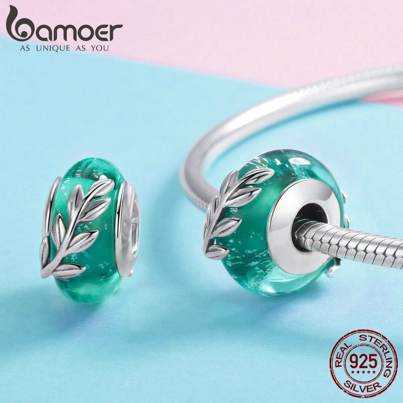 Hạt phụ kiện Bamoer Scc863 bạc 925 chạm khắc hình chiếc lá trang trí vòng tay thời trang